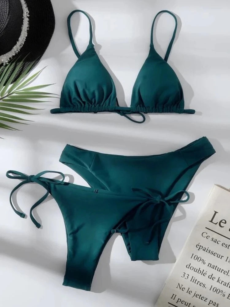 Women's Brazilian Push Up Bikini Set 3 Piece Bandage Swimsuit Two-Tone Black Green Quick-Dry Summer Beachwear Bathing Suit