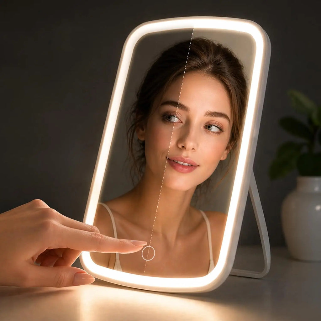LED Makeup Mirror with Stand Desktop Folding Compact Square Travel Cosmetic Mirror With 3 Colours Lights Portable Handheld Gifts
