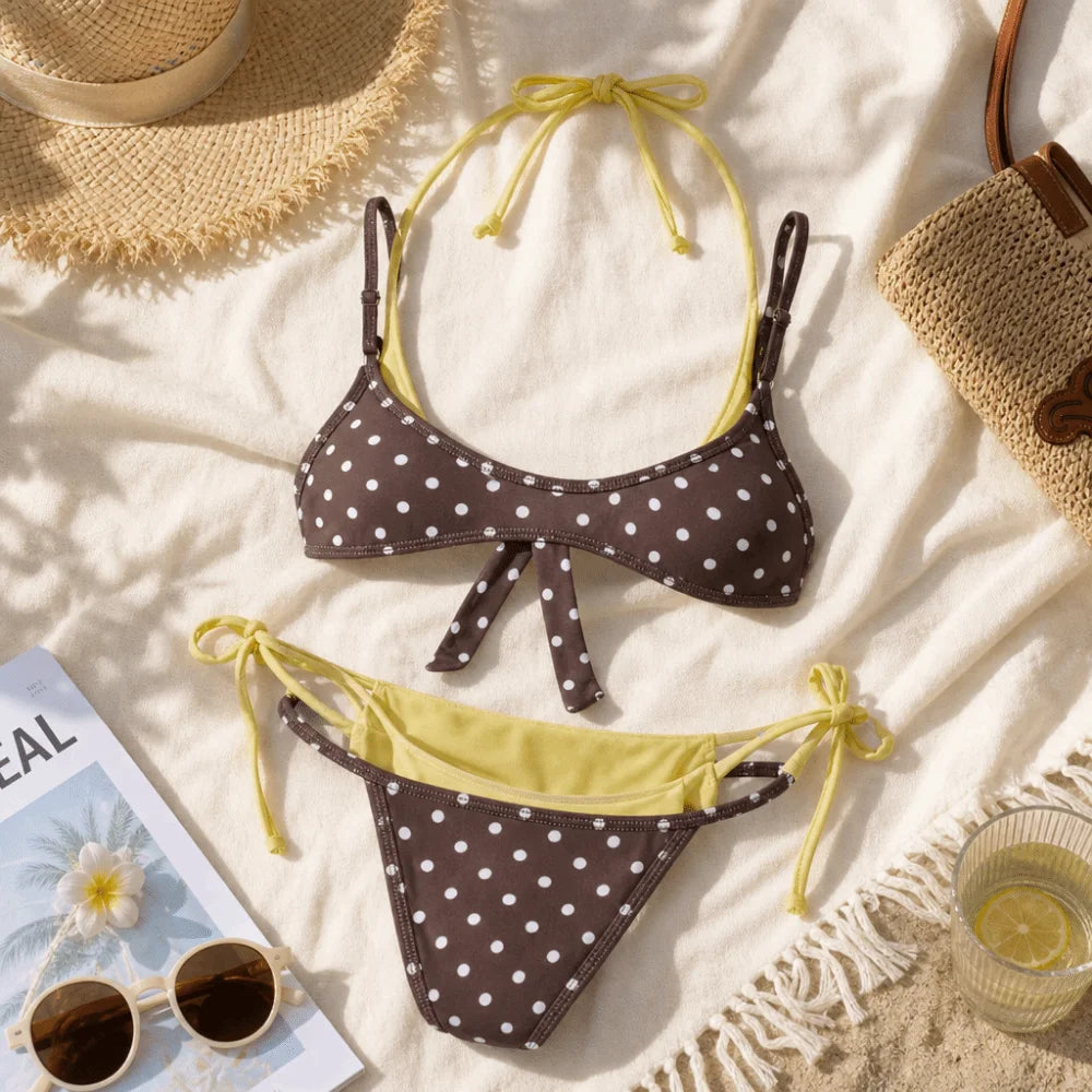 Bathing Suits Polka Dot Halter Bikini Set Deep V Low Waist Ladies' Swimwear Lace-up Patchwork Summer Beachwear Vacation