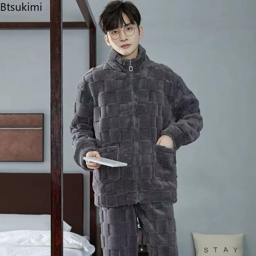 2025 Plaid Pajamas for Men Coral Fleece Sleepwear Sleeping Night Wear Zipper Pijama Two Piece Sets Autumn Winter Warm Home Suit