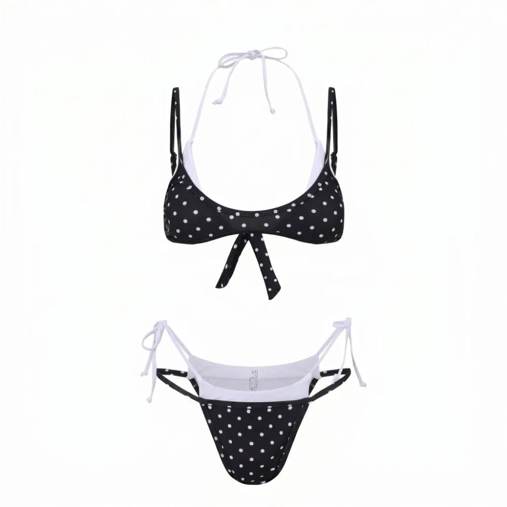 Bathing Suits Polka Dot Halter Bikini Set Deep V Low Waist Ladies' Swimwear Lace-up Patchwork Summer Beachwear Vacation