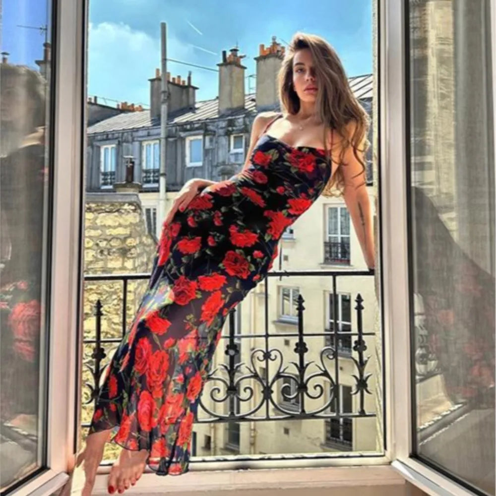 Party Dresses For Woman Sexy Bodycon Floral Print Sleeveless Evening Dress Package Hip Contrast Vestidos Temperament Trendy Slim