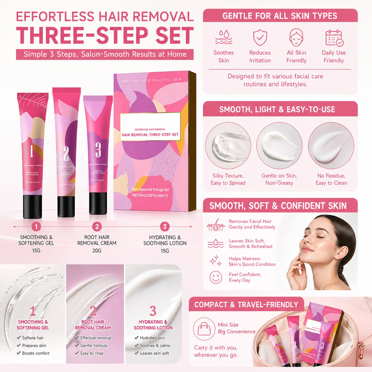 3Step Hair Removal Trilogy Kit Gentle Facial Depilatory Set Painless Hair Remover Soothing Lotion Cream With Softening Gel