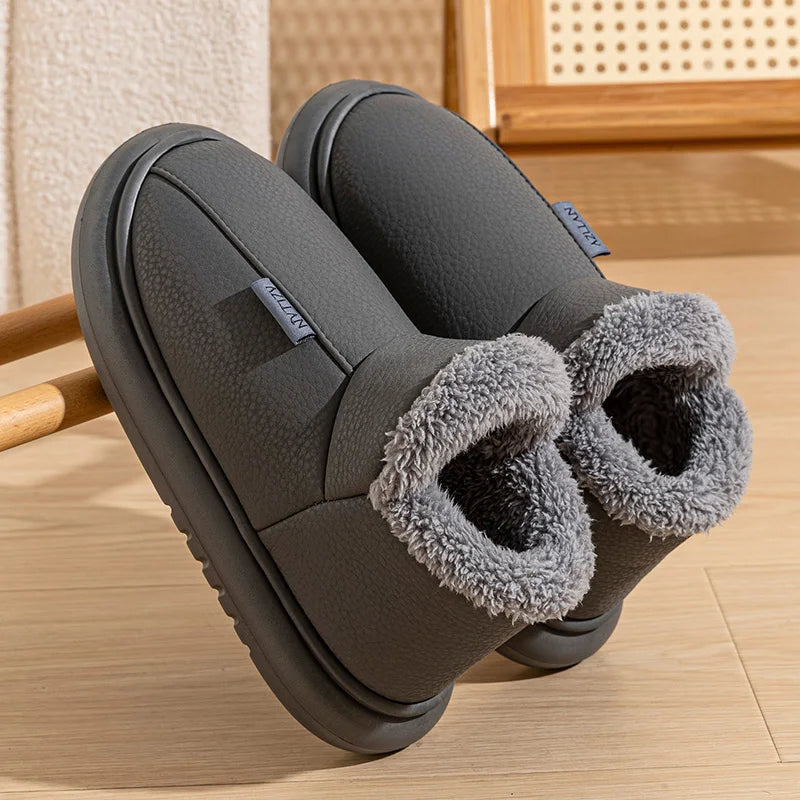 Warm Winter Snow Boots For Men Women PU Leather Waterproof House Slippers Thick Sole Fleece Lined Indoor Outdoor Couple Booties