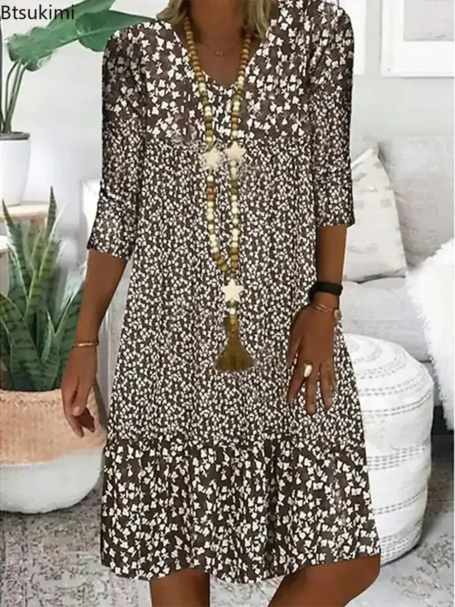 Summer Dress Women Vintage Floral Printed A-Line Dress Fashion V-neck Boho Beach Skirt Elegant Party Dress Casual Vestidos Femme