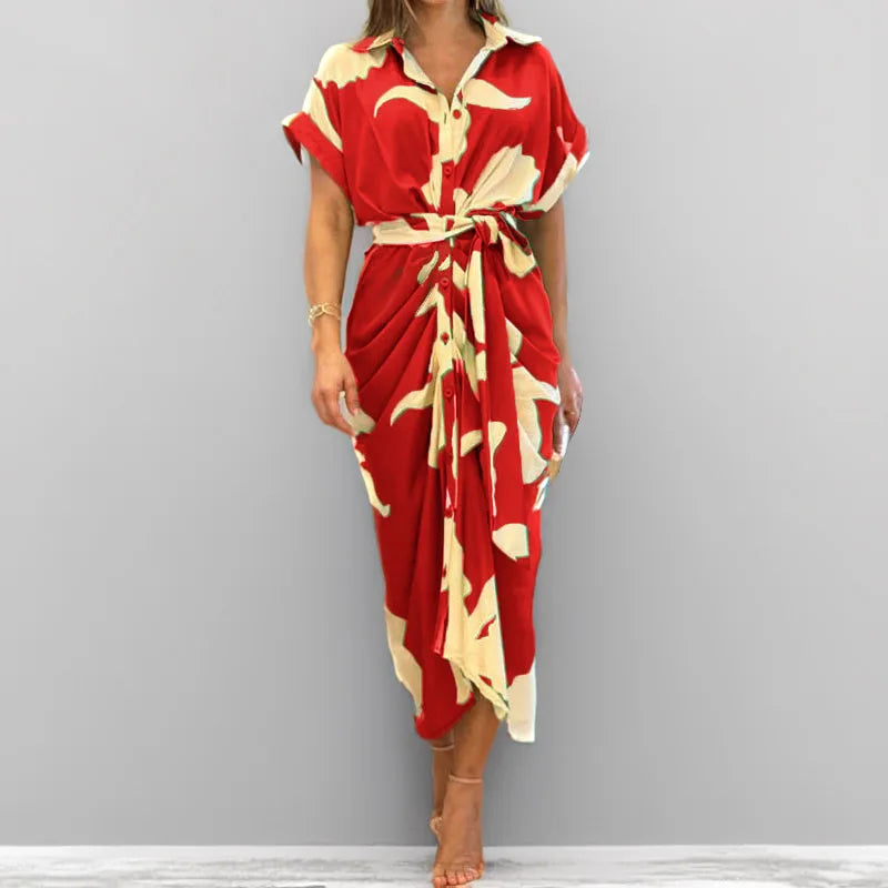 Elegant Dresses For Lady Vestidos 2026 Woman Dress Vestido Commuting Temperament Printed Irregular Leace-up Lapel Slim Contrast