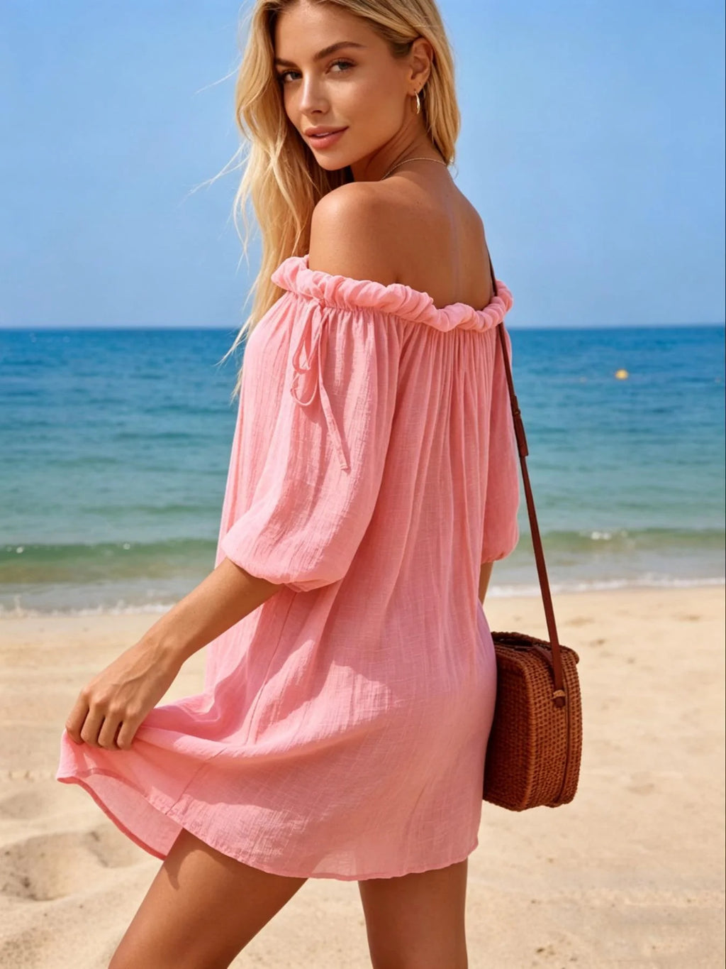 Vacation Style One-Shoulder Short Dress, Fashion Lightweight Sheer Bikini Cover-Up, Casual Plain Beach Clothing for Women