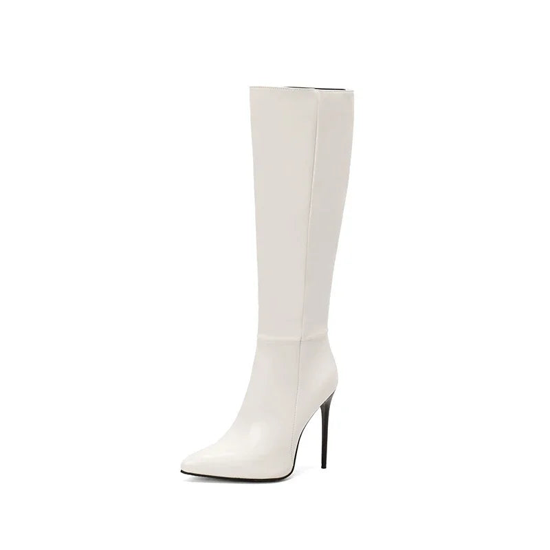 Women Knee High Boot Sexy Pointed Tip High Heeled Boots for Woman Luxury Patent Leather Stretch Boots Designer Shoes Botas Mujer