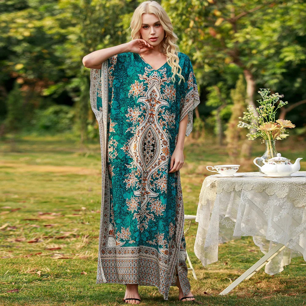 Bohemian V-neck Vacation Dresses for Women Summer Loose Casual Beach Dress Sunscreen Ethnic Printed Long Dress Middle East Robe