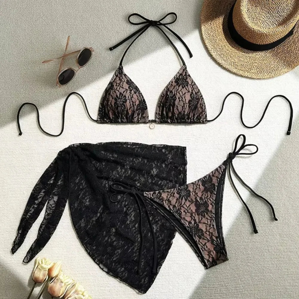 3Pcs/Set Fashion Summer Lace Bikinis Brazilian Party Swimwear Casual Beachwear Women Swimsuit Beach