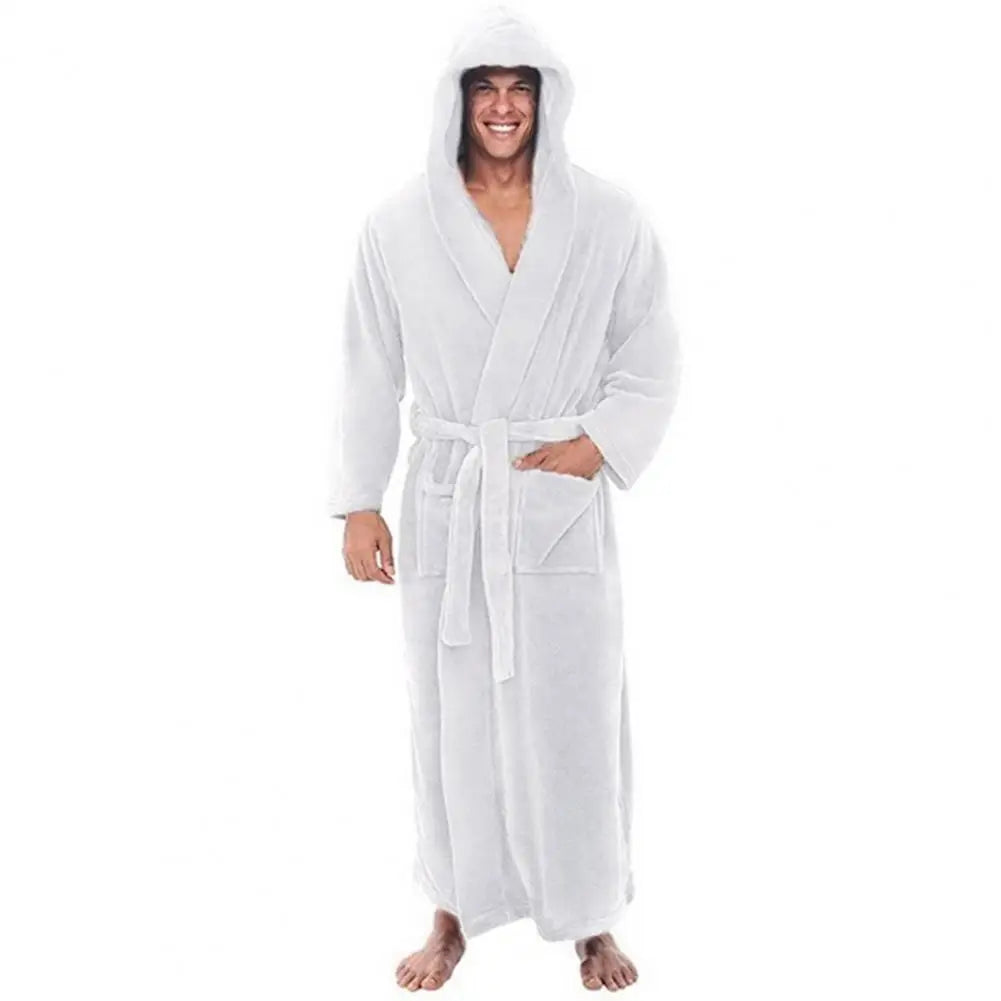 Plush Bathrobe Luxurious Men's Hooded Bathrobe with Adjustable Belt Ultra Soft Absorbent Male Robe with Pockets Plush Solid