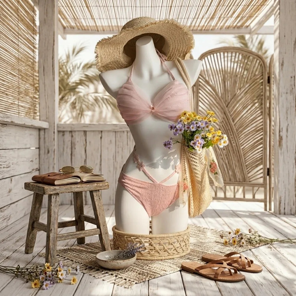 Fashion Sleeveless Bikini Set Slim Fit Lace Up Swimwear Set Deep-V Beachwear Clothing Bathing Suit Pool Party