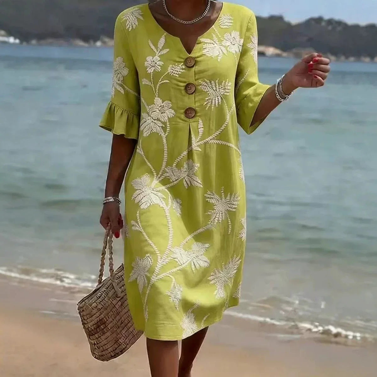 Summer Vintage Printed Dress Women Casual V Neck Half Sleeve Button Design Midi Dresses For Women Loose Beach Holiday Dress Boho