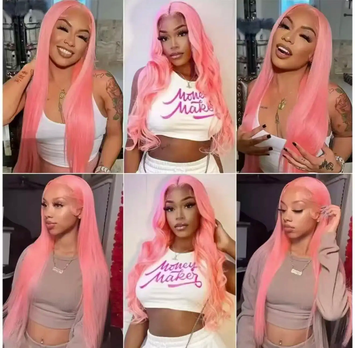 Pink Color Long Silky Straight 13X4X1 HD Full Lace Frontal Wigs For Black Women Preplucked With Baby Hair Daily Party Cosplay