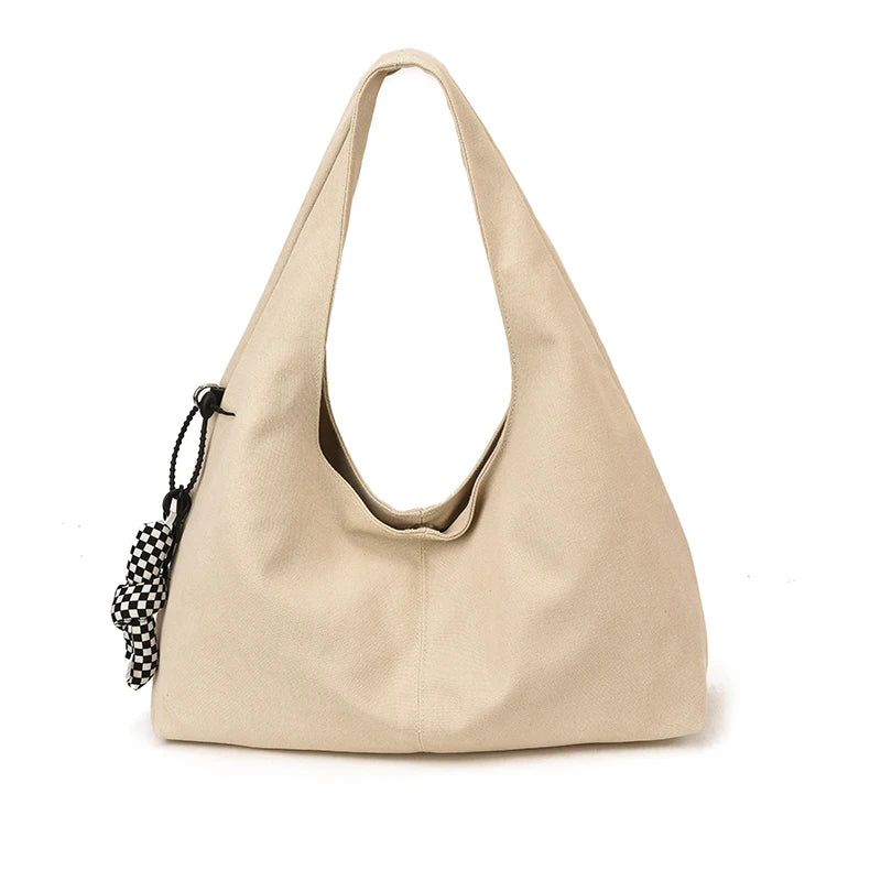 High Quality Big Tote Bags For Women Canvas Fabric Solid Color Large Capacity Underarm Shopper Shoulder Hobo Bag With Pendant