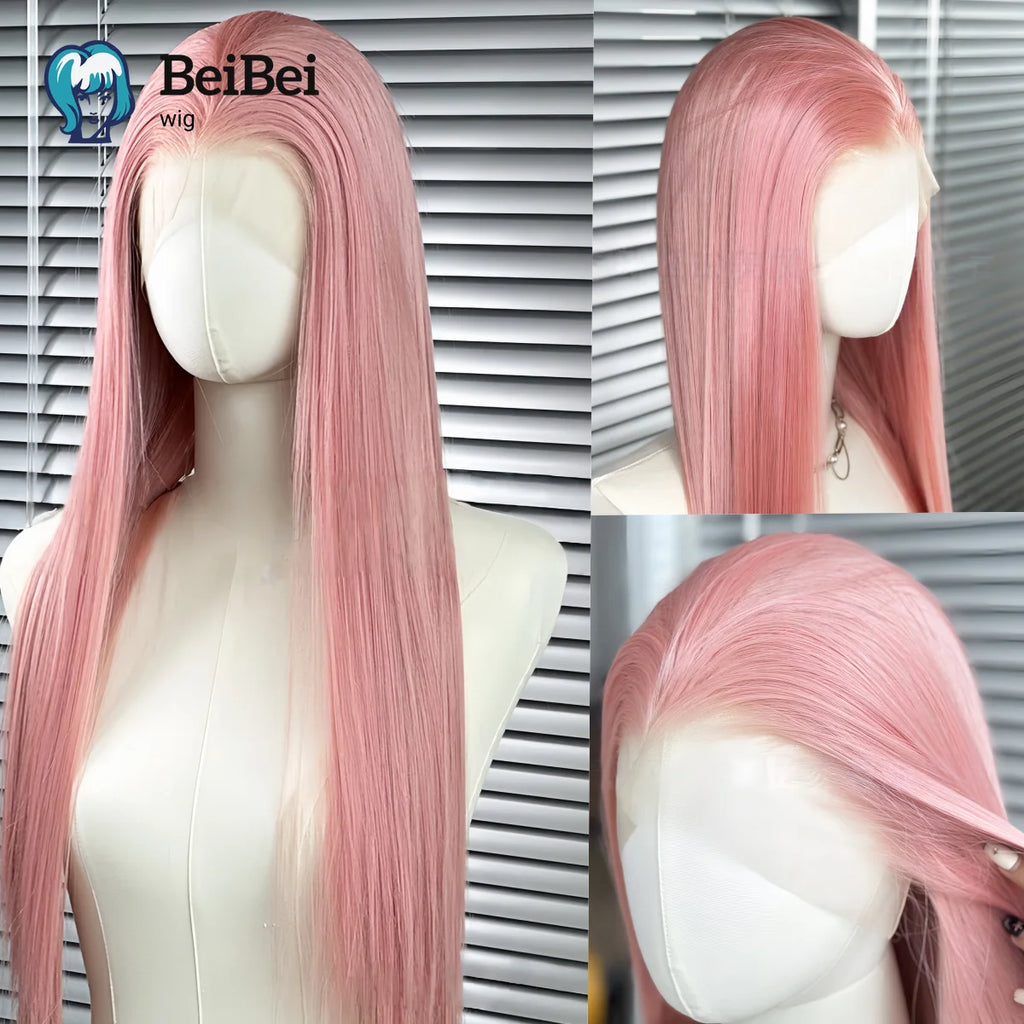 13×4 Rose Pink Synthetic Lace Front Wigs 26inch Long Straight for White Women Heat Resistant Fiber Peluca for Cosplay Daily Wear