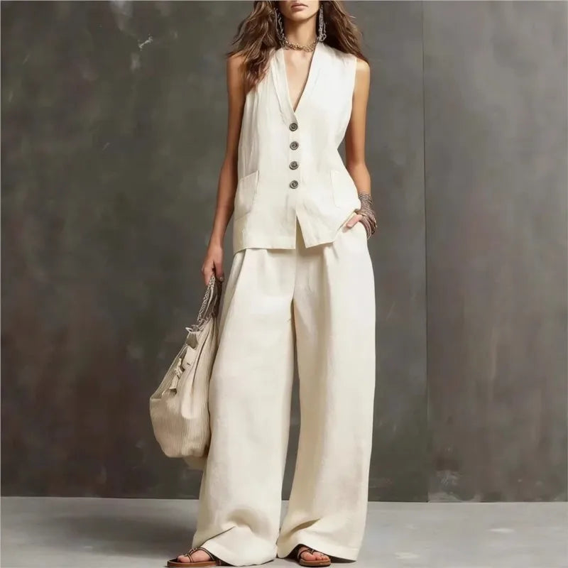 Women's Fashion Solid Linen Cotton Casual Two Piece Sets Summer V-neck Single-breasted Vest Top And Wide-leg Trousers Outfits