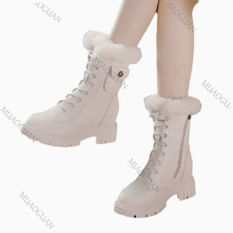 Winter Women's Retro Chunky Snow Boots Fur Platform High Heels Shoes for Women Solid Belt Buckle Warm Furry Cotton Short Botas