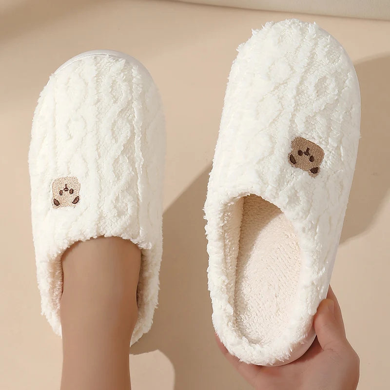 Cozy Cartoon Bear Home Slippers for Women 2025 Winter Plush Warm Flat Cotton Shoes Woman Non Slip Unisex Indoor Bedroom Slippers