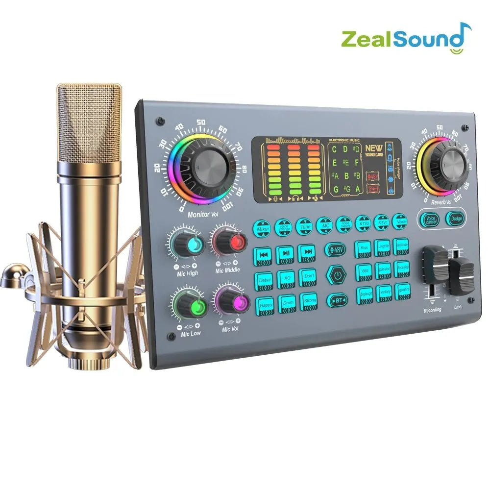 Zealsound Professional Podcast Live SoundCard Equipment Bundle with 48V XLR Microphone for PC Recording Singing Streaming Gaming