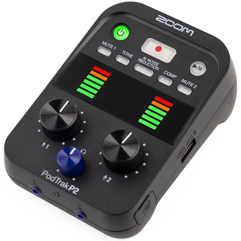 ZOOM PodTrak P2 Podcast Recorder with 2 USB Mic Inputs, 2 Headphone Outputs, AI Noise Reduction, Tone & COMP Effects