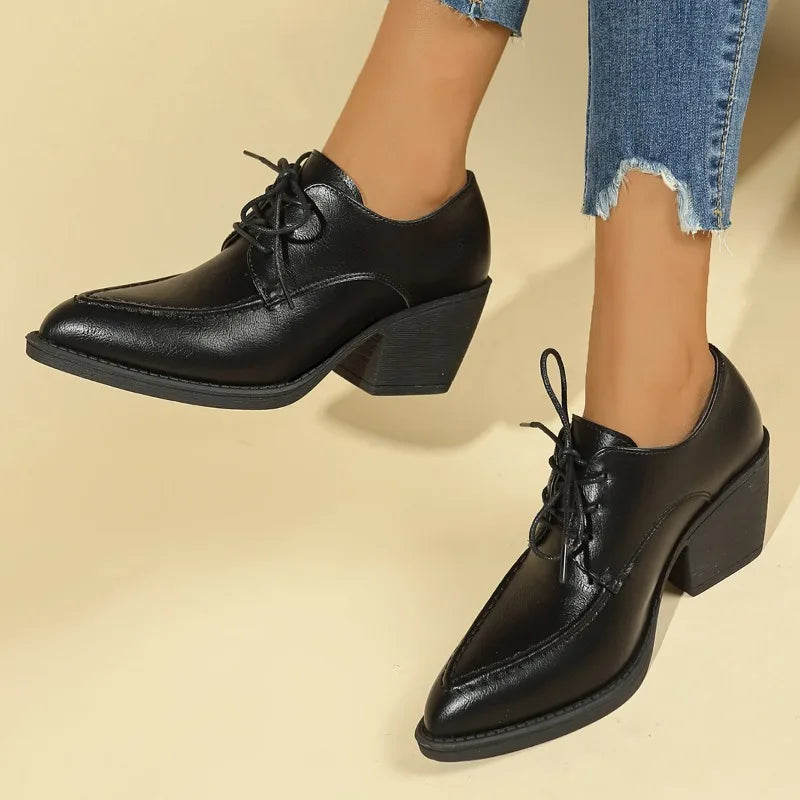 Coarse Heel Shoes Spring New Pointed Head Deep Mouth Front Lacing Set Foot Anti-slip Wear-resistant Heel Shoes