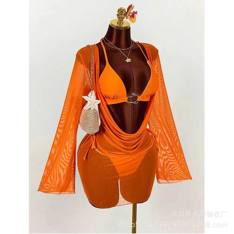 Women Bikini Triangle Top High Waist Bottom Beachwear With Shorts Women's Swimwear Halter Neck Orange Two Piece Swimsuit