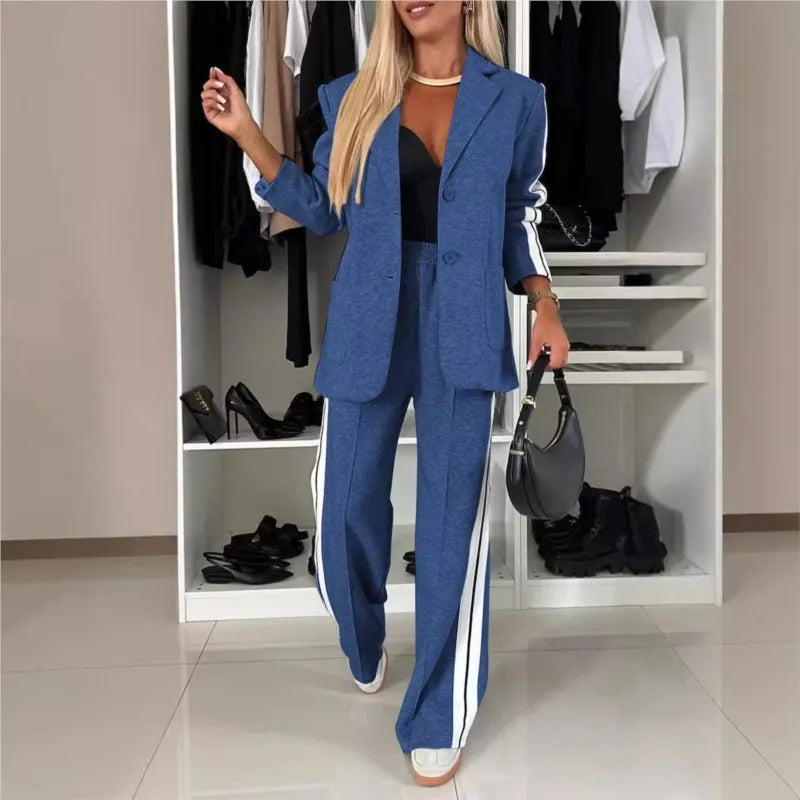 Female Office Blazer 2 Piece Sets Autumn And Winter New Long Sleeves Suit Women's Suit Fashion Pimp Stitching Pants Pocket Suit