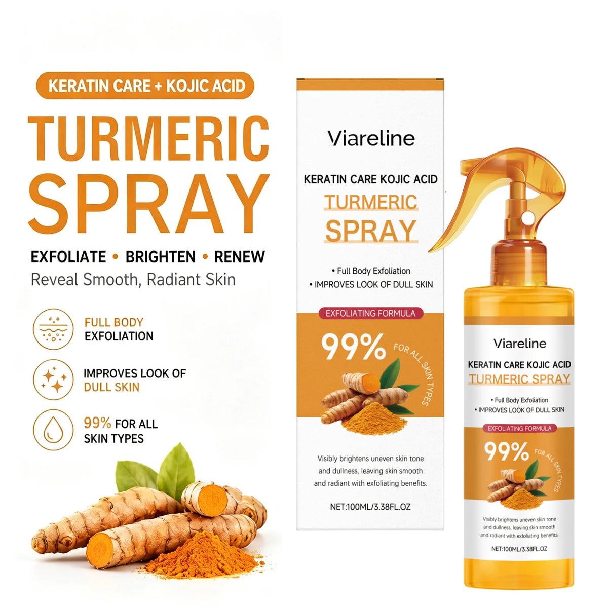 Keratin Care Kojic Acid Turmeric Spray Brightens Uneven Skin Tone Improves Dullness Full Body Use Skin Spray Smooth Skin