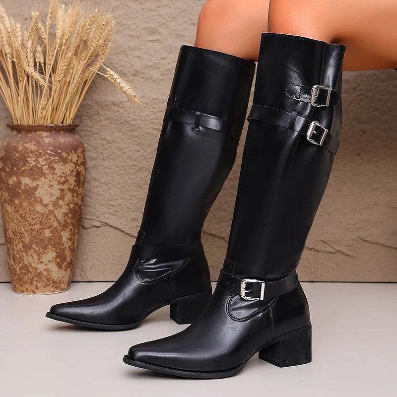 Fashion Faux Suede Knee High Boots Women 2026 Autumn Pointed Toe High Heel Western Boots Woman Chunky Heeled Cowboy Long Botas