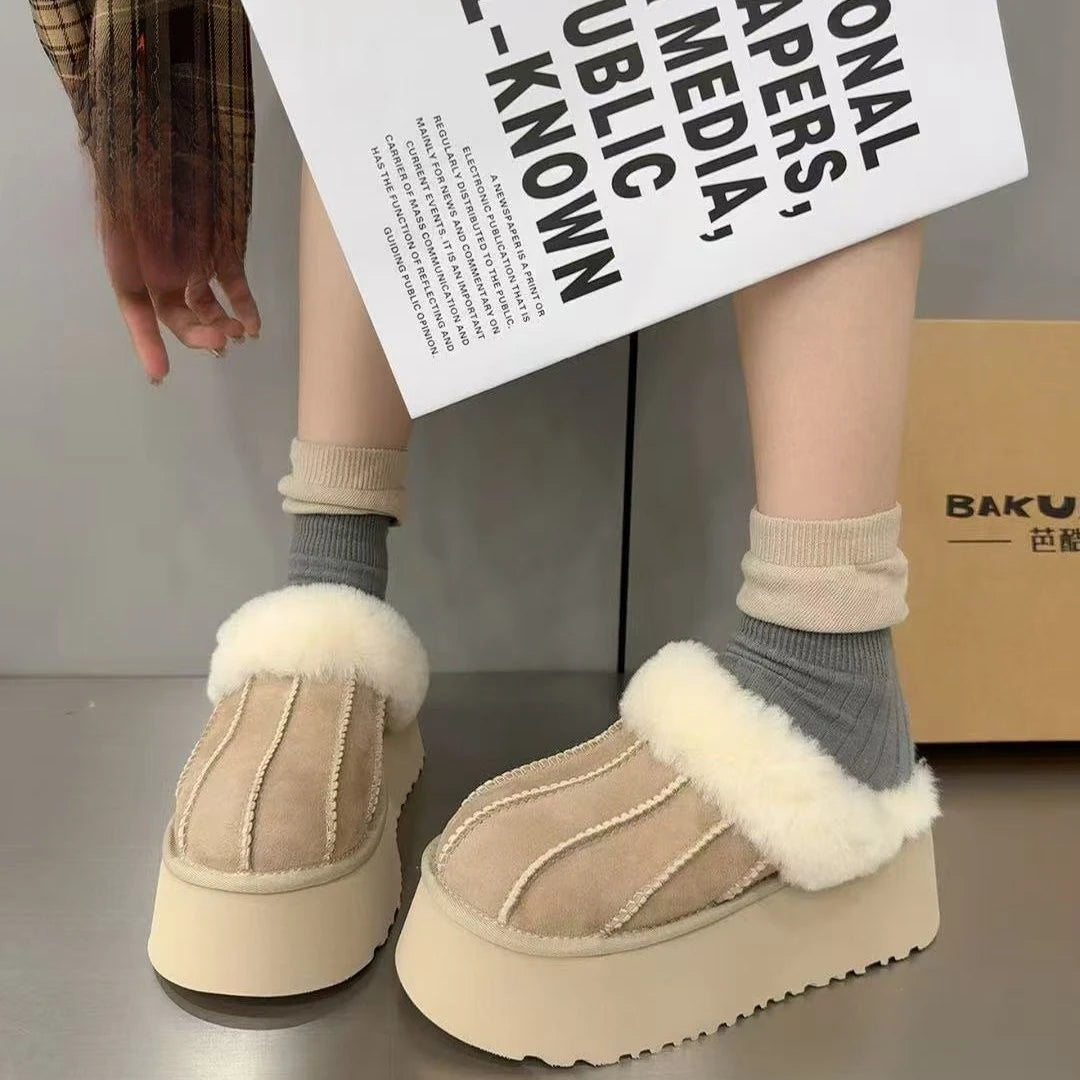 House Slippers for Women Winter New Suede Warm Fur Slippers Design Stitching Thick Sole Home Shoes Lightweight Indoor Shoes