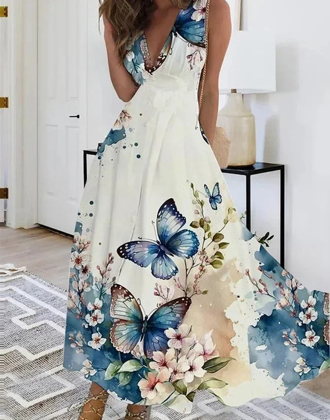 Summer Women Dress Fashion Sexy V-Neck Sleeveless Higt Waist Long Dresses Elegant Office Printing Holiday Party Dress Vestidos