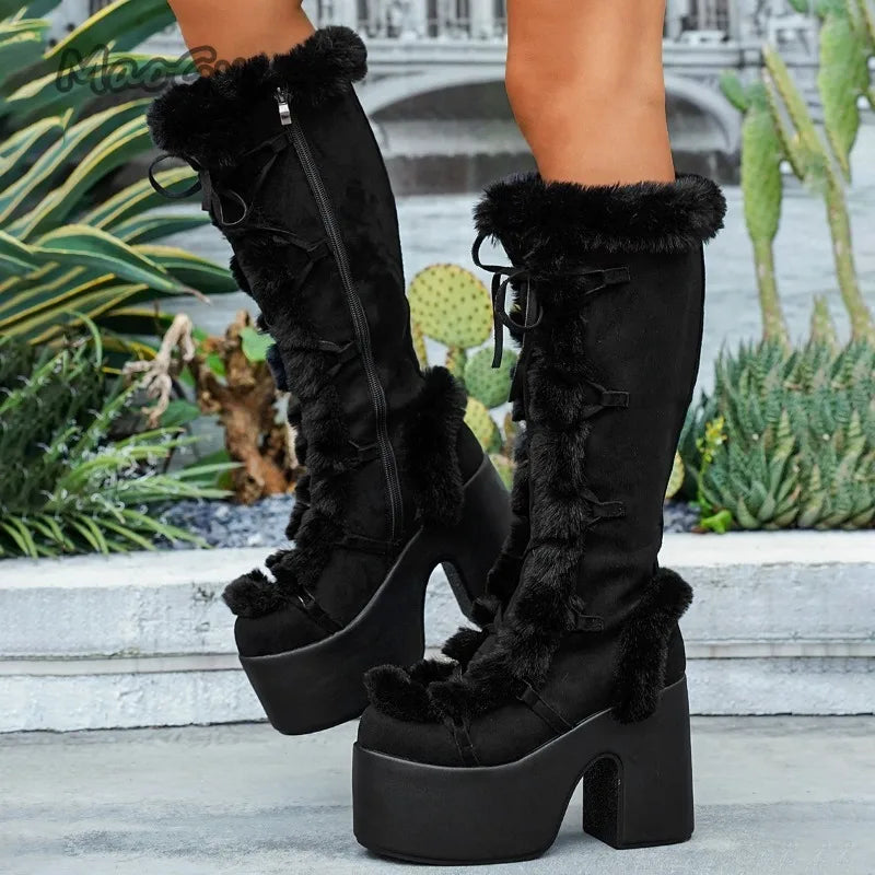Women's Winter Snow Boots Gothic Lolita Platform High Heel Suede Shoes Plush Warm Knee High Long Boots Size 36-43 Botas Mujer