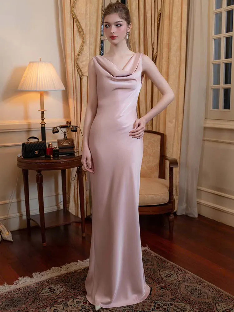GACVGA Satin Elegant Maxi Evening Dress for Women Summer Sleeveless Backless Robe Gown Club Sexy Bodycon Long Dress Vestido