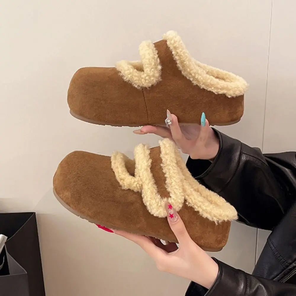 Comfortable Round Head Suede Warm Slippers Anti-slip Soft Coral Fleece Slippers Thick Bottom Casual Retro Winter Shoes Women