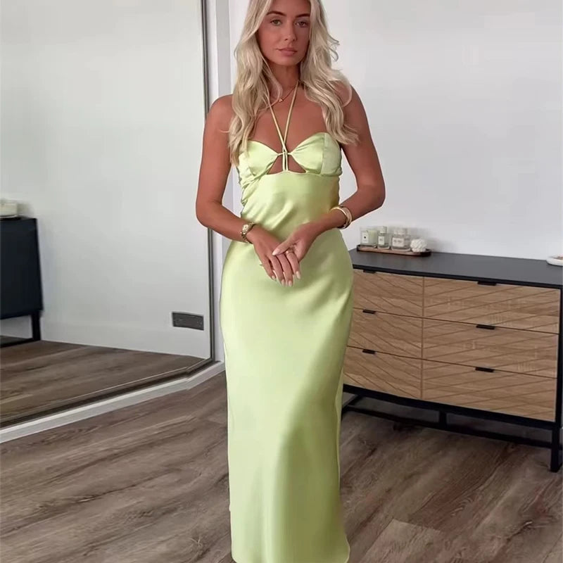 MUJER Sexy Satin Long Dresses for Women off Shoulder Corset Dress Woman Summer Party Midi Dress Women Beach Halter Women's Dress