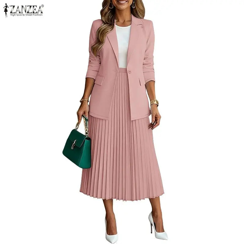 Women's Elegant Office Wear Skirt Suits Long Sleeve Blazer & A-Line Pleated Skirt 2 Pieces Sets ZANZEA Fashion Skirt Sets Outfit