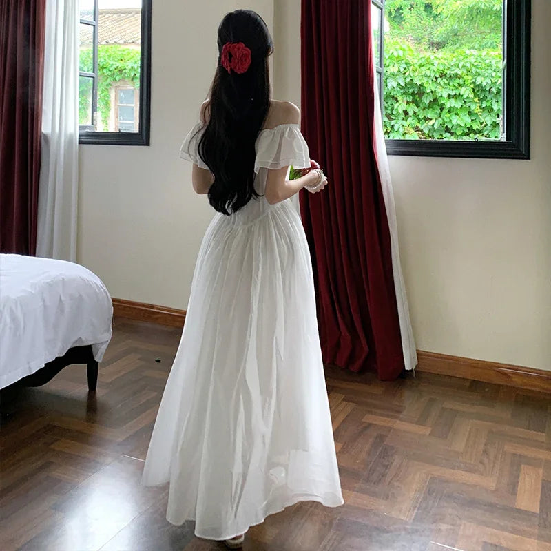 Summer White Beach Robe Long Dress For Women Slash Neck Short Sleeve Off The Shoulder Maxi Vestidos Elegant Evening Party Dress
