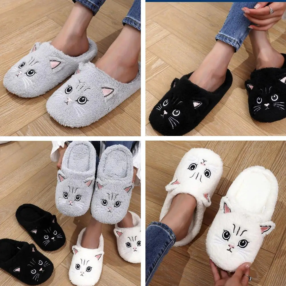 Women's Cartoon Cat Plush Slippers Cozy Winter Bedroom House Shoes with Non-Slip Soft Sole for Indoor Comfort Home Warm Shoes