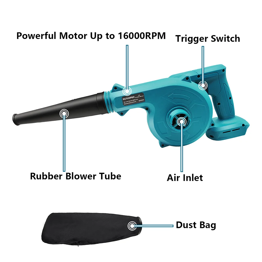 PATUOPRO 2 In 1 Cordless Electric Blower Suction Leaf Computer Dust Collector Snow Blowing For Makita 18V Battery（No Battery）