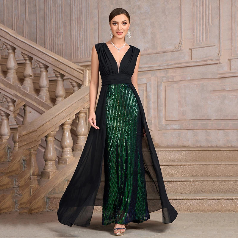 Summer Luxury Banquet Party Dresses for Women Fashion Sexy Deep V Neck Sleeveless Splicing Sequin High Waist Slim Long Dress