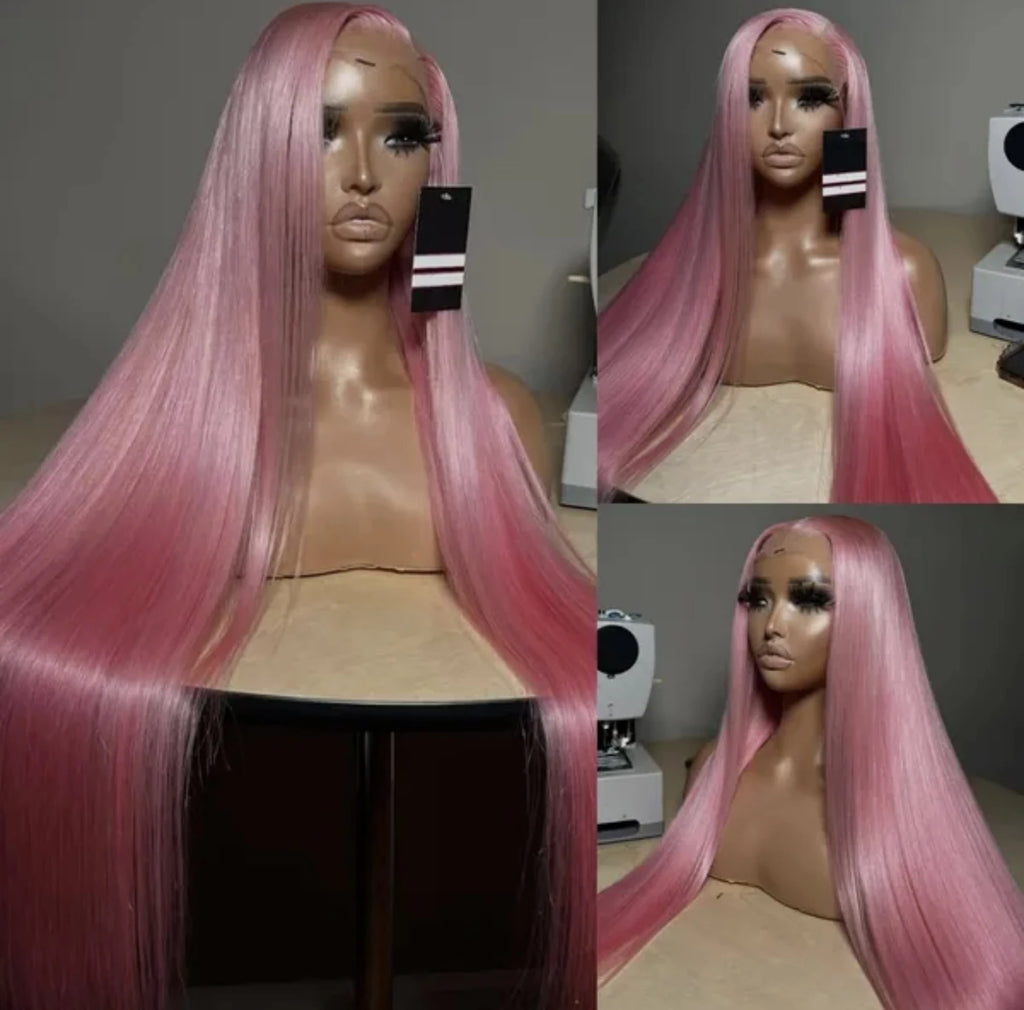 Pink Color Long Silky Straight 13X4X1 HD Full Lace Frontal Wigs For Black Women Preplucked With Baby Hair Daily Party Cosplay