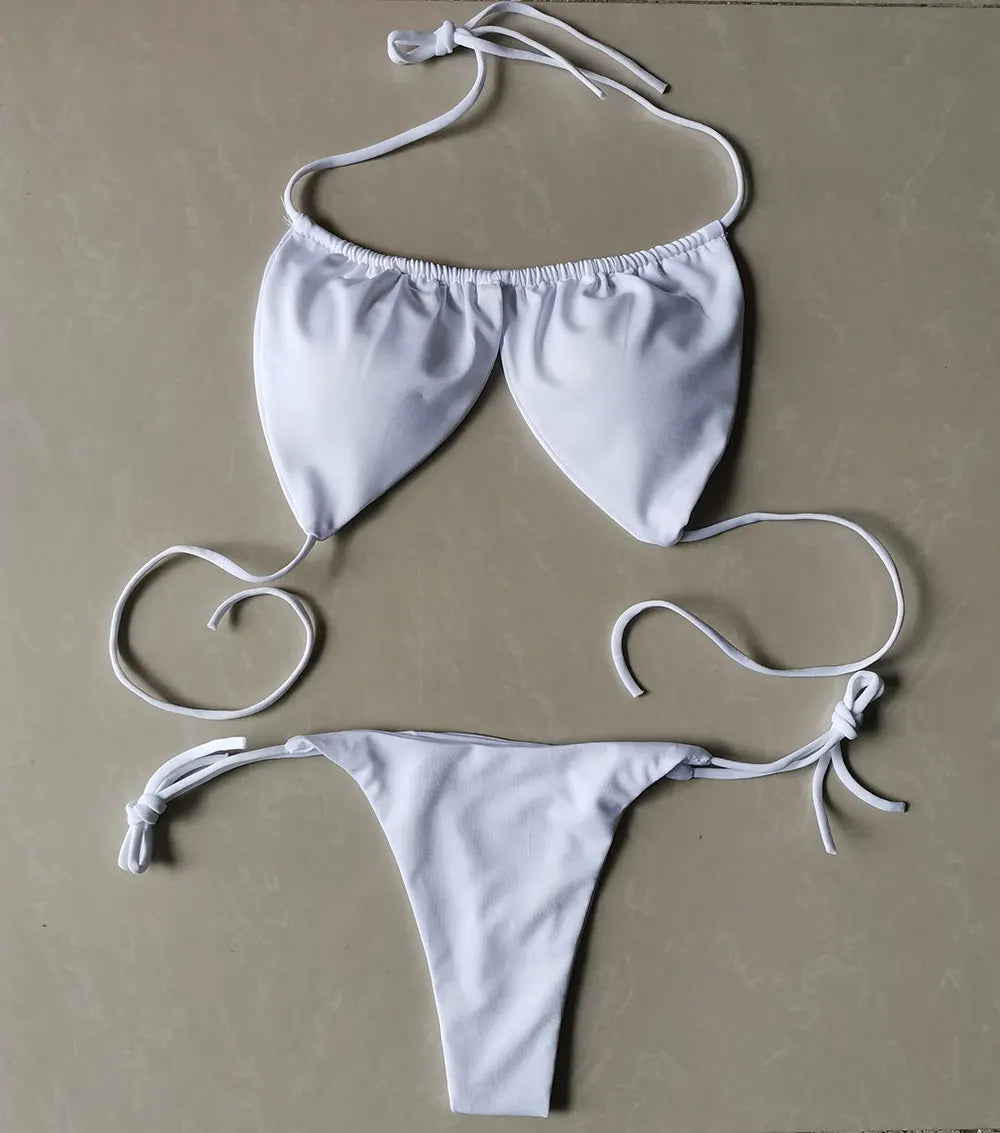 Summer Sexy Bikini set Push-up padded Bra Thong Split Swimwear Female Bandage Bathing Suit Adjustable Lacing Swimsuit Solid