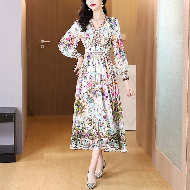 Women's Vintage Elegant Evening Prom Dress Spring Holiday Boho Hepburn Vestidos 2026 Summer Luxury Silk Floral Casual Midi Dress