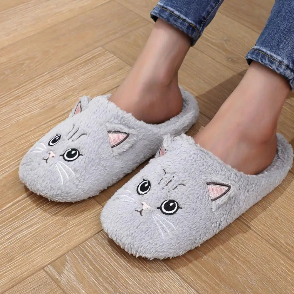 Women's Cartoon Cat Plush Slippers Cozy Winter Bedroom House Shoes with Non-Slip Soft Sole for Indoor Comfort Home Warm Shoes