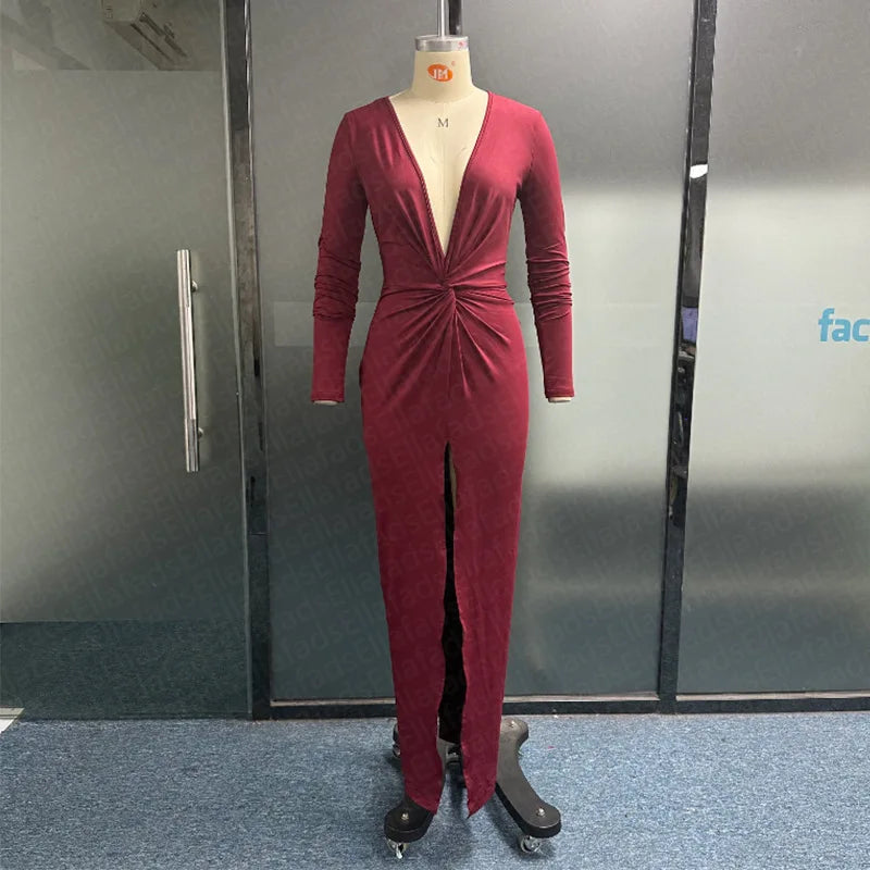 2026 Sexy Bodycon Dresses for Women Slim Fit Deep V-neck Party Prom Evening Party Club Dress Hem Split Outfits Evening Vestidos