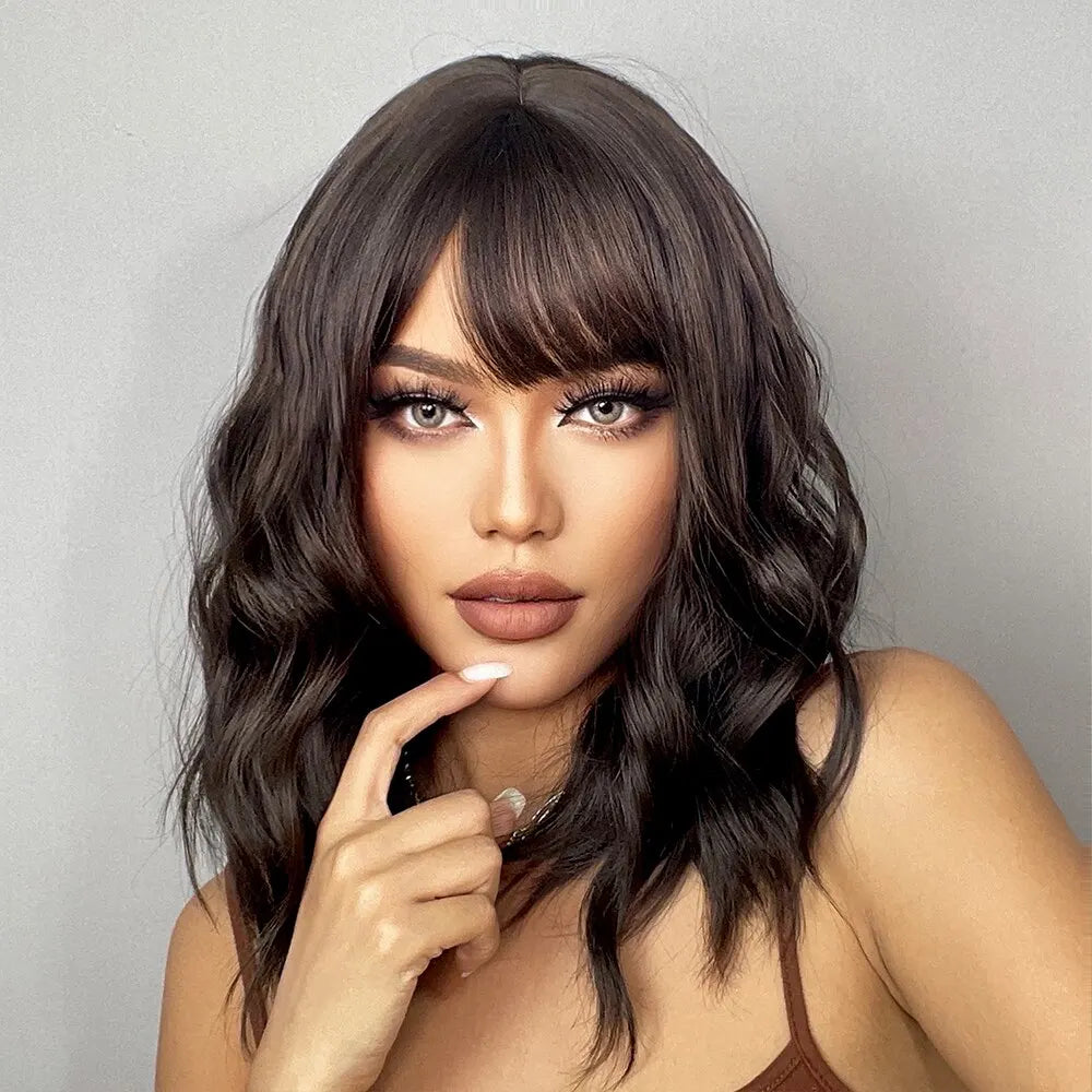 Short Wavy Bob Wigs for Women Dark Brown Bob Natural Synthetic Wig with Bangs for Girl Daily Cosplay Use Heat Resistant