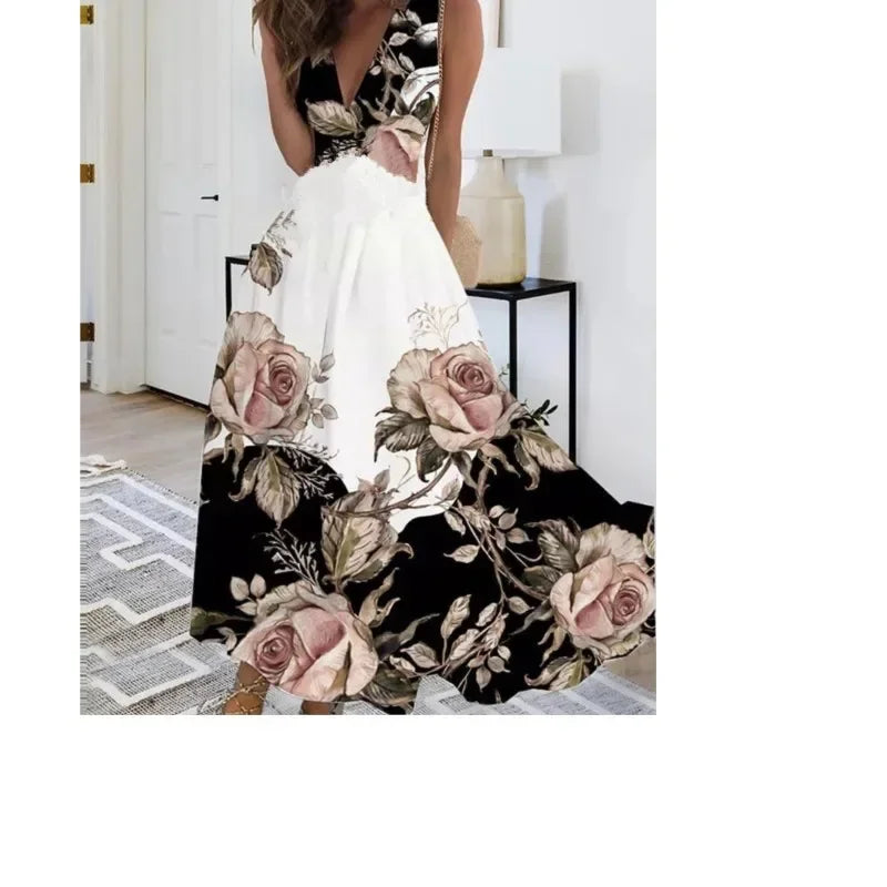 Summer Women Dress Fashion Sexy V-Neck Sleeveless Higt Waist Long Dresses Elegant Office Printing Holiday Party Dress Vestidos