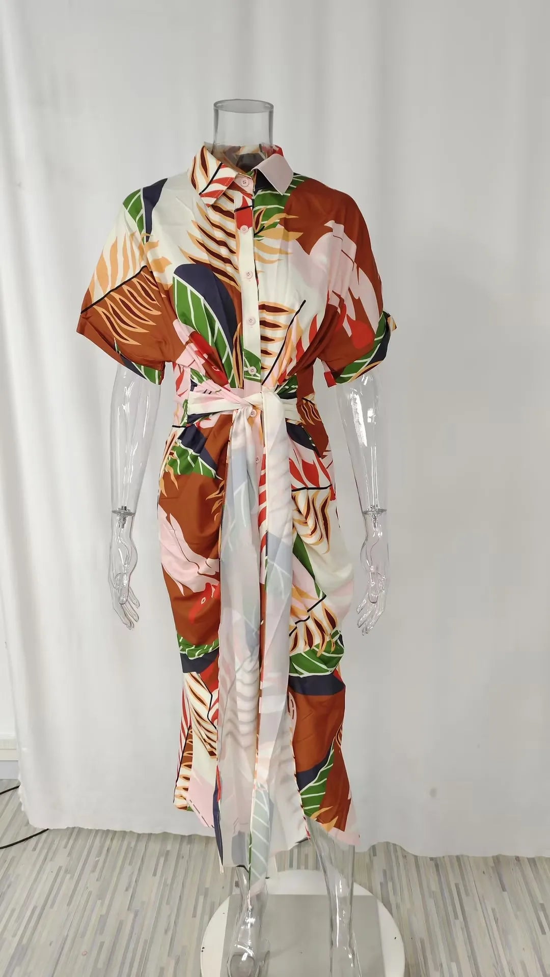 Elegant Dresses For Lady Vestidos 2026 Woman Dress Vestido Commuting Temperament Printed Irregular Leace-up Lapel Slim Contrast
