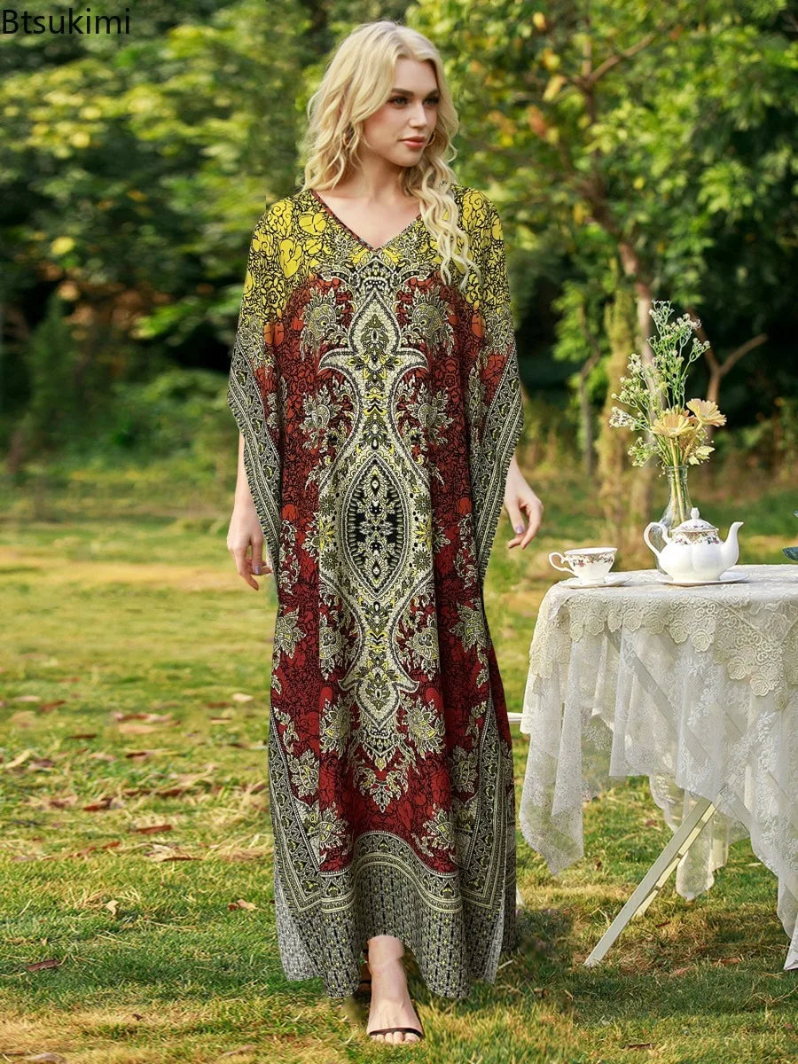 Bohemian V-neck Vacation Dresses for Women Summer Loose Casual Beach Dress Sunscreen Ethnic Printed Long Dress Middle East Robe